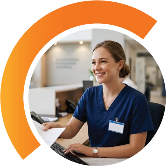 A health information professional at a hospital reception, framed by the Arc arc